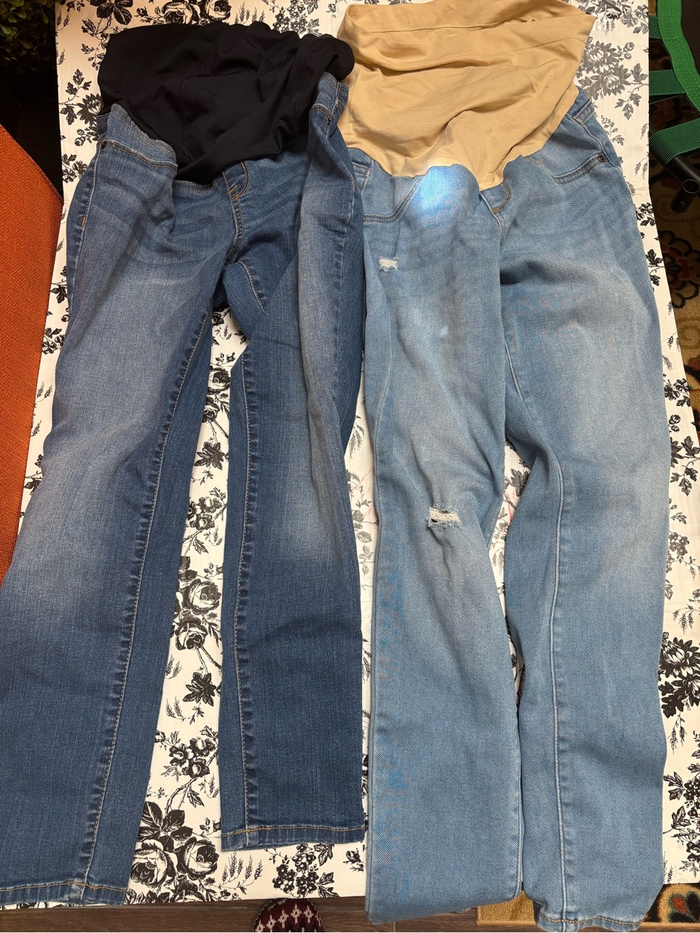 Two Maternity Jeans - Dark Blue & Light Blue with Black & Tan Waistbands